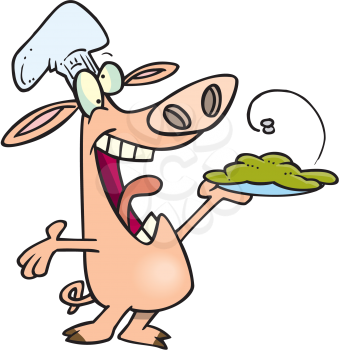 Royalty Free Clipart Image of a Pig Chef With a Plate of Slop