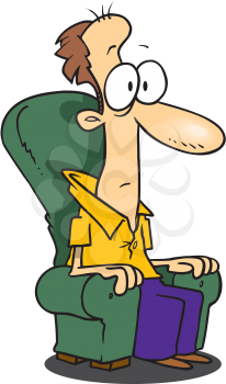 Royalty Free Clipart Image of a Wide-Eyed Man Sitting in a Chair