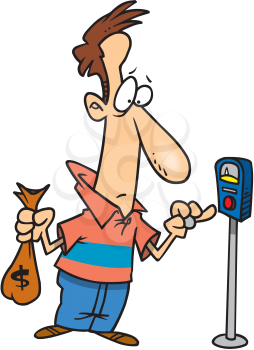 Royalty Free Clipart Image of a Man With a Bag of Coins Standing By a Parking Meter 