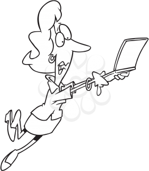 Royalty Free Clipart Image of a Woman Rushing With a Laptop