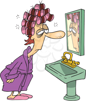 Royalty Free Clipart Image of a Woman Looking in the Mirror in the Morning