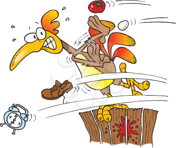 Royalty Free Clipart Image of a Rooster Dodging Things Being Thrown