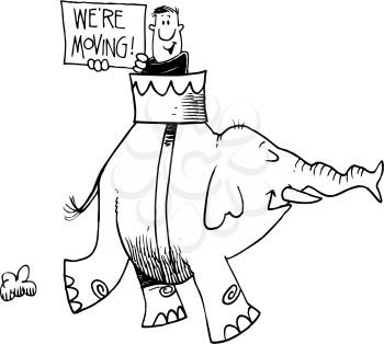 Royalty Free Clipart Image of a Man With a Sign Riding an Elephant