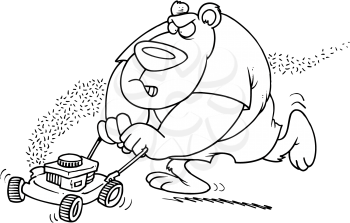 Royalty Free Clipart Image of a Bear Mowing the Lawn