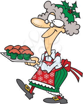 Royalty Free Clipart Image of Mrs. Claus With Cupcakes