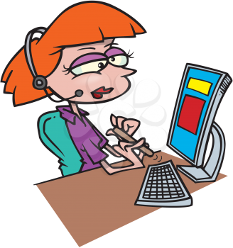 Royalty Free Clipart Image of a Woman Filing Her Nails at a Computer