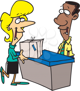 Royalty Free Clipart Image of a Woman With a Package Talking to a Man