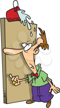 Royalty Free Clipart Image of a Man With a Pail of Water About to Fall on His Head from Over the Door
