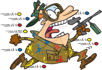 Royalty Free Clipart Image of a Man Running During a Game of Paintball