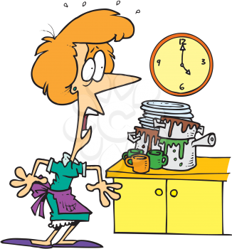 Royalty Free Clipart Image of a Woman Looking at Dirty Pans and a Clock