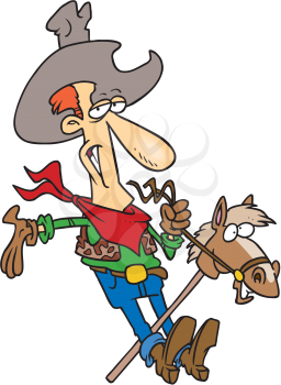 Royalty Free Clipart Image of a Cowboy on a Stick Horse