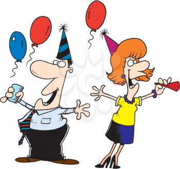 Royalty Free Clipart Image of a Man and Woman at an Office Party