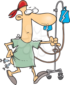 Royalty Free Clipart Image of a Patient With IV and Hypodermic Needles in His Bottom