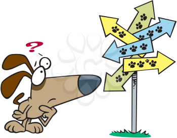 Royalty Free Clipart Image of a Dog Confused By Paw Print Direction Signs