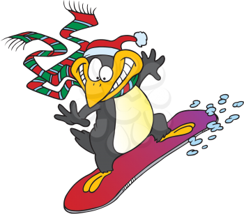 Royalty Free Clipart Image of a Snowboarding Penguin