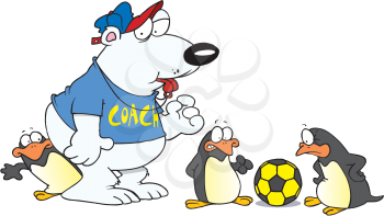 Royalty Free Clipart Image of Penguins and a Polar Bear Playing Soccer