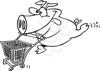 Royalty Free Clipart Image of a
Pig Shopper Pushing a Grocery Cart