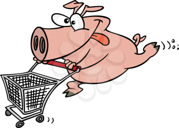 Royalty Free Clipart Image of a
Pig Shopper Pushing a Grocery Cart