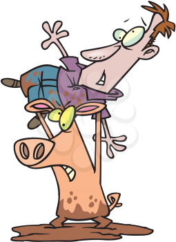 Royalty Free Clipart Image of a Pig Picking Up a Man