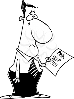 Royalty Free Clipart Image of a Crying Man Holding a Pink Slip