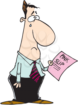 Royalty Free Clipart Image of a Crying Man Holding a Pink Slip