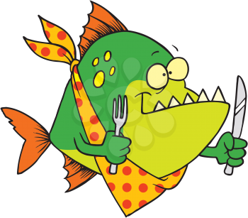 Royalty Free Clipart Image of a Piranha With a Knife and Fork