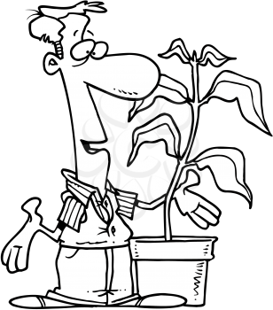 Royalty Free Clipart Image of a Man Talking to a Plant