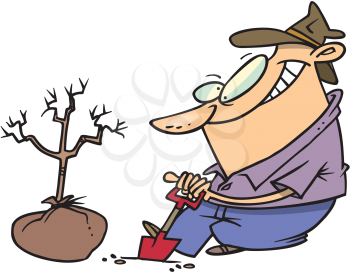 Royalty Free Clipart Image of a Man Planting a Tree