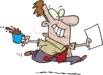 Royalty Free Clipart Image of a Man Running With Coffee