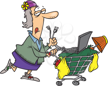 Royalty Free Clipart Image of a Homeless Women Holding a Plug for Her Laptop