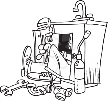 Royalty Free Clipart Image of a Plumber Working on a Sink