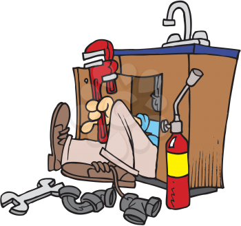 Royalty Free Clipart Image of a Plumber Working on Sink