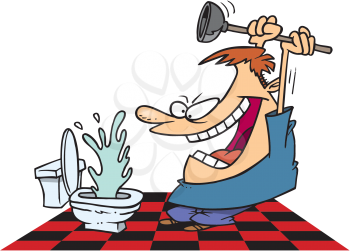 Royalty Free Clipart Image of a Man Unplugging a Toilet