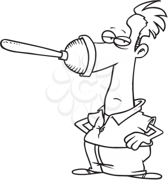 Royalty Free Clipart Image of a Man With a Plunger on His Nose