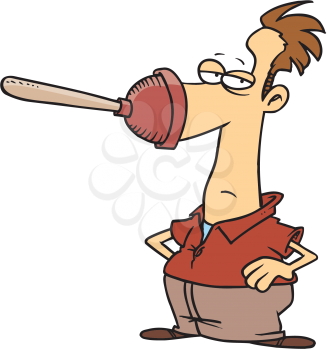 Royalty Free Clipart Image of a Man With a Plunger on His Nose