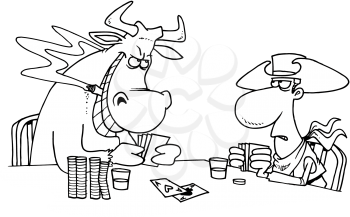 Royalty Free Clipart Image of a Bull and a Cowboy Playing Cards