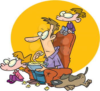 Royalty Free Clipart Image of a Family Watching a Movie and Eating Popcorn