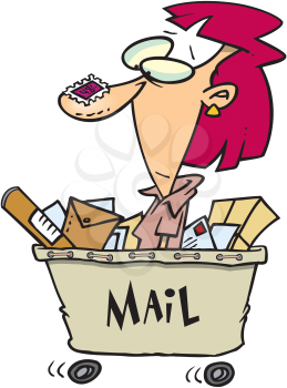 Royalty Free Clipart Image of a Woman With a Stamp on Her Nose in a Mail Cart