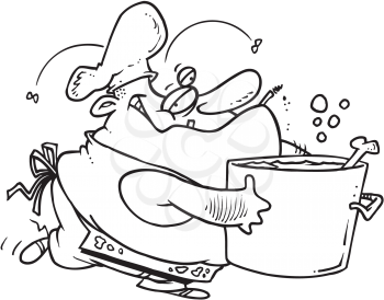 Royalty Free Clipart Image of a Slovenly Cook Carrying a Pot