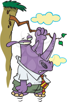Royalty Free Clipart Image of a Rhino Hanging Off a Cliff