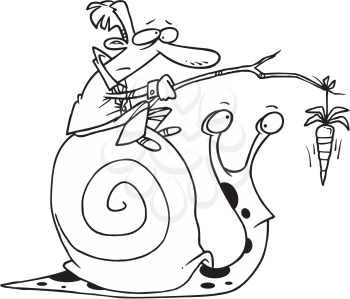 Royalty Free Clipart Image of a Man on a Snail's Back