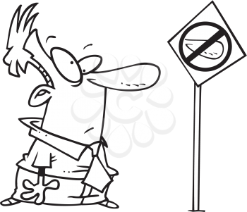 Royalty Free Clipart Image of a Man Looking at a No Noses Sign
