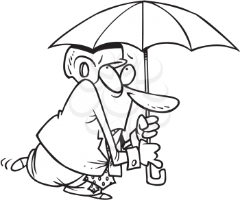 Royalty Free Clipart Image of a Man Wearing a Helmet Under an Umbrella