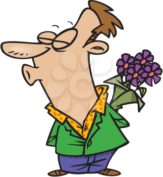 Royalty Free Clipart Image of a Man With Flowers Puckering Up