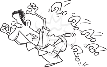 Royalty Free Clipart Image of a Man Running From Questions