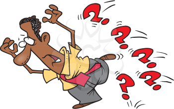 Royalty Free Clipart Image of a Man Fleeing From Question Marks