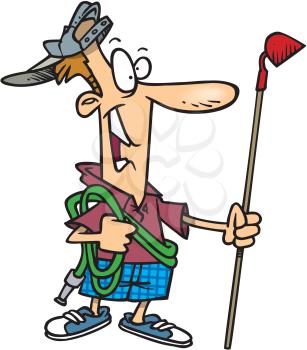 Royalty Free Clipart Image of a Man With a Hose and Hoe