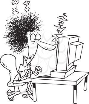 Royalty Free Clipart Image of a Woman at a Blown Up Computer