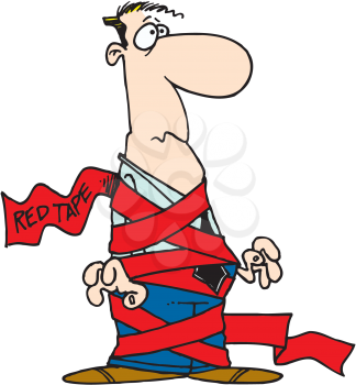 Royalty Free Clipart Image of a Men Wrapped in Red Tape