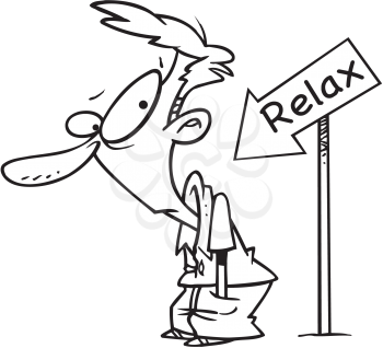 Royalty Free Clipart Image of a Man Beside a Relax Sign